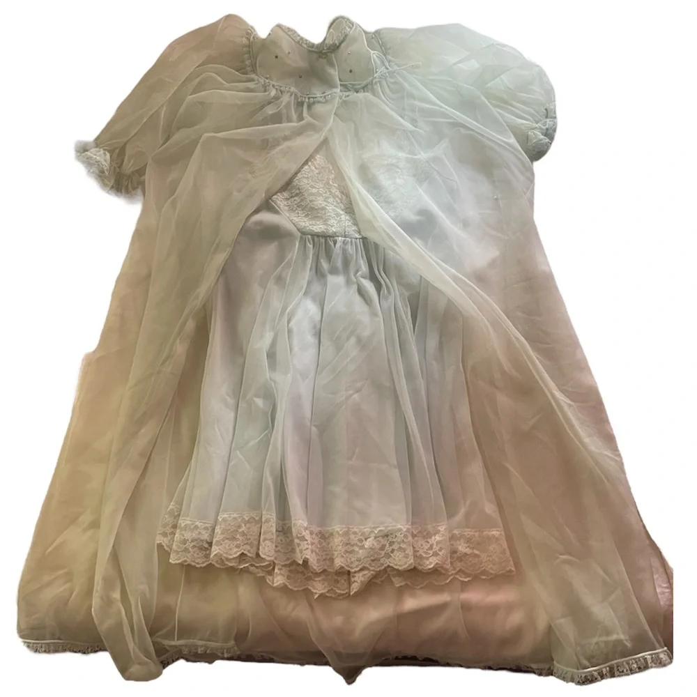 vintage lace puff sleeve embellished slip dress and coverup - Picture 1 of 10